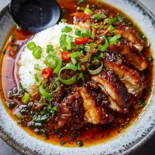 caramelised soy chicken in garlic ginger broth with rice