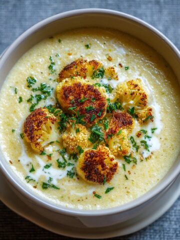 Creamy Cheddar Cauliflower & Roasted Garlic Soup