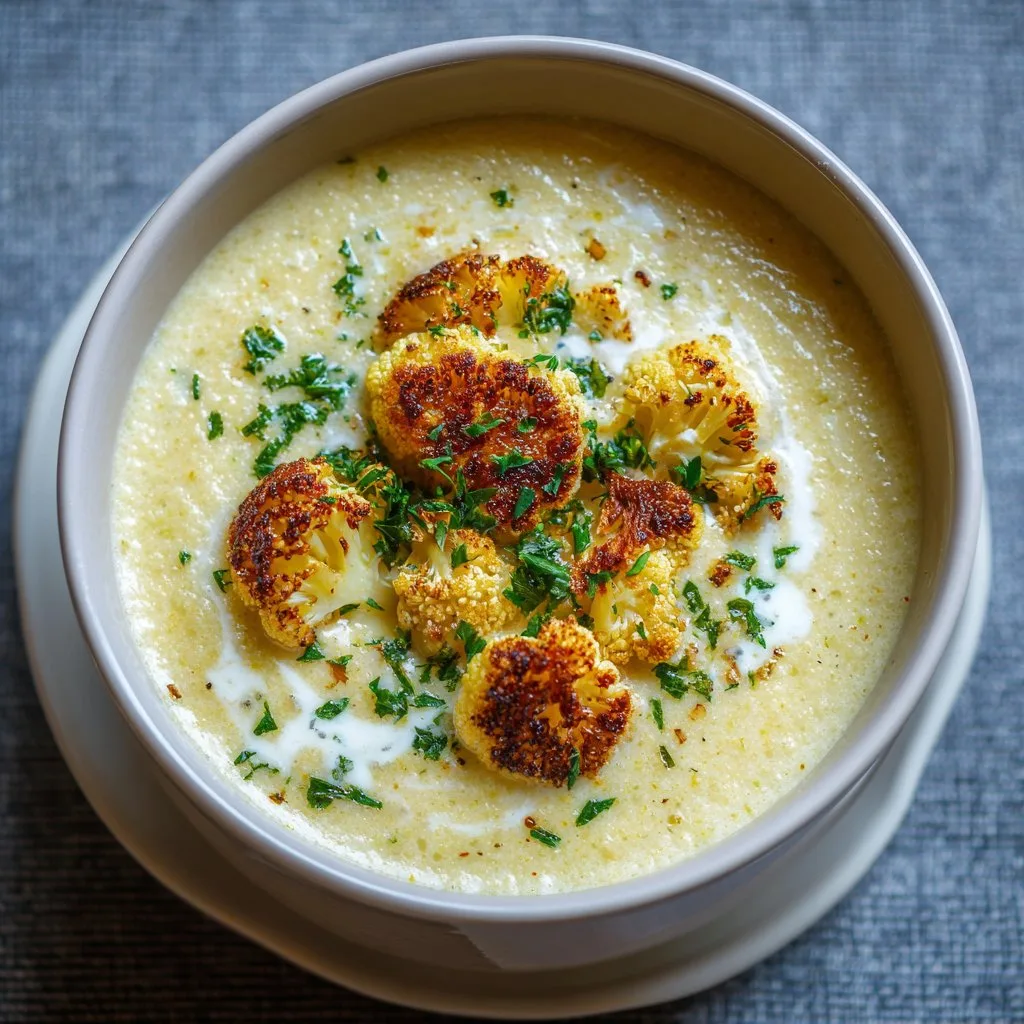 Creamy Cheddar Cauliflower & Roasted Garlic Soup