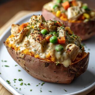 creamy high protein chicken pot pie stuffed sweet potatoes