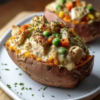 creamy high protein chicken pot pie stuffed sweet potatoes