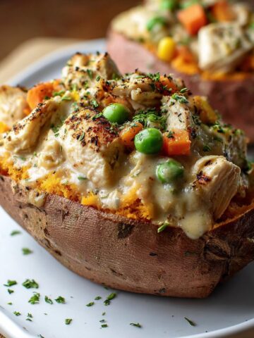 Creamy High-Protein Chicken Pot Pie Stuffed Sweet Potatoes