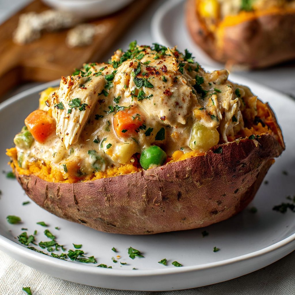 Creamy High-Protein Chicken Pot Pie Stuffed Sweet Potatoes