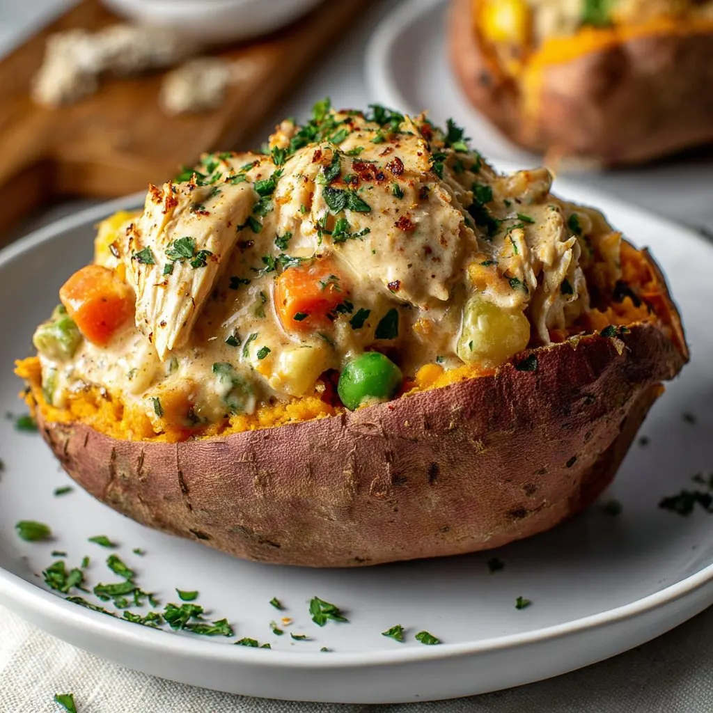 Creamy High-Protein Chicken Pot Pie Stuffed Sweet Potatoes Creamy High-Protein Chicken Pot Pie Stuffed Sweet Potatoes