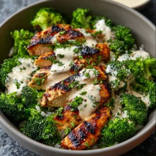 grilled chicken broccoli bowls with creamy garlic sauce