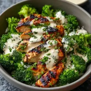 grilled chicken broccoli bowls with creamy garlic sauce
