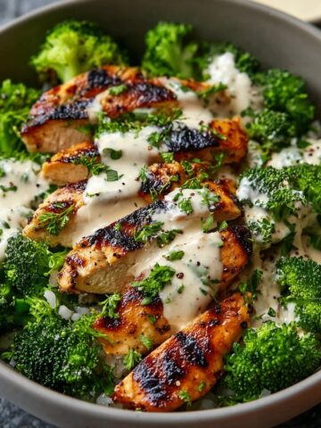 Grilled Chicken & Broccoli Bowls with Creamy Garlic Sauce