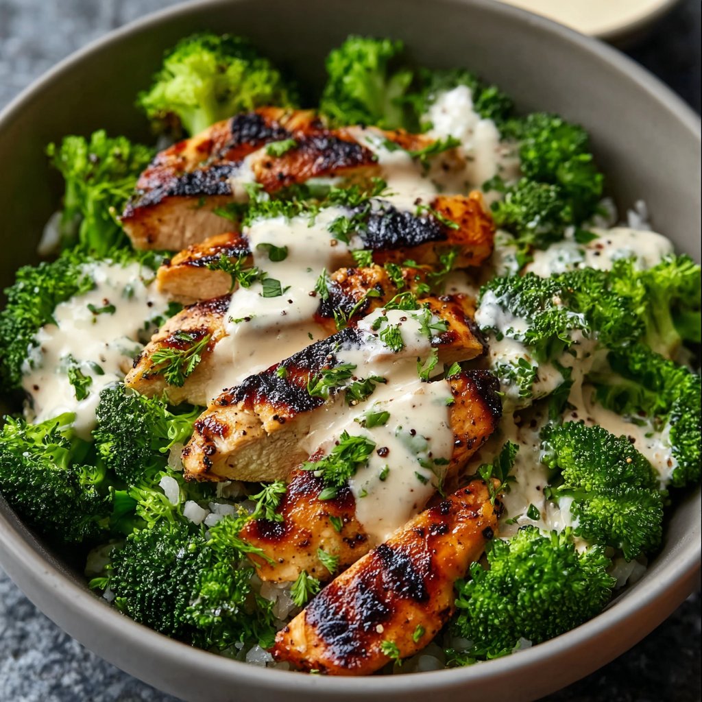 Grilled Chicken & Broccoli Bowls with Creamy Garlic Sauce