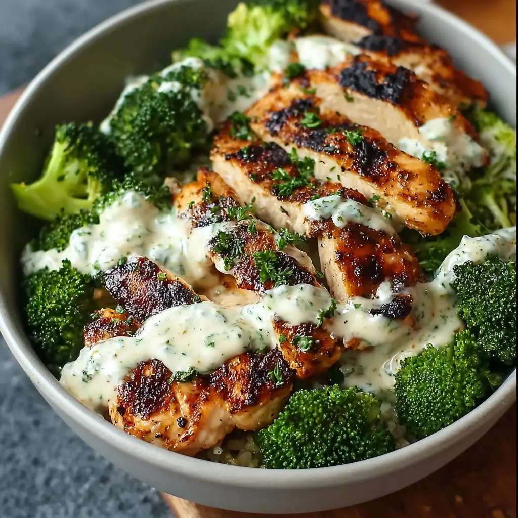 Grilled Chicken & Broccoli Bowls with Creamy Garlic Sauce Grilled Chicken & Broccoli Bowls with Creamy Garlic Sauce