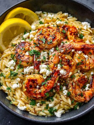 Lemon Feta Orzo Roasted Shrimp