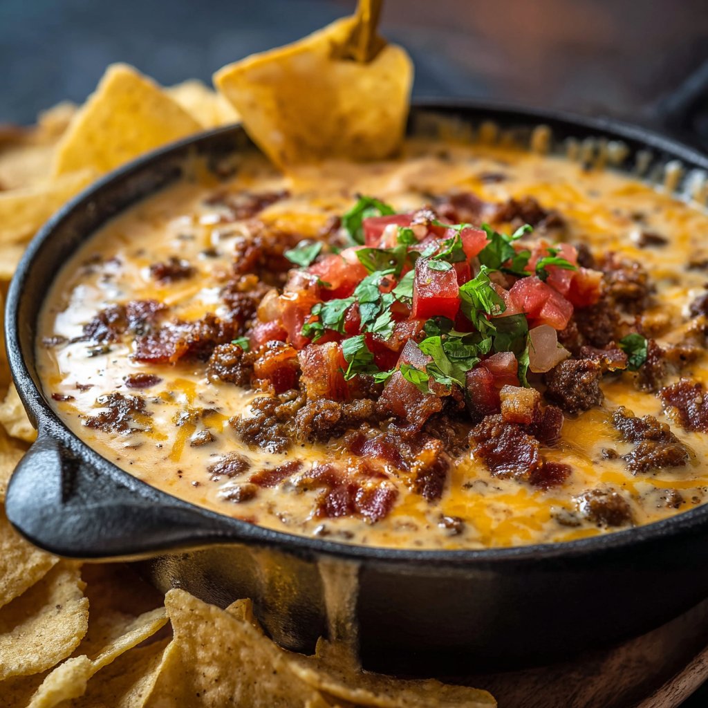 Sizzling Bacon Cheeseburger Queso Dip