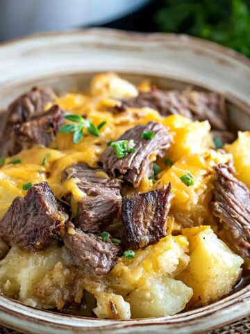 Slow Cooker Steak and Cheddar Potato Casserole