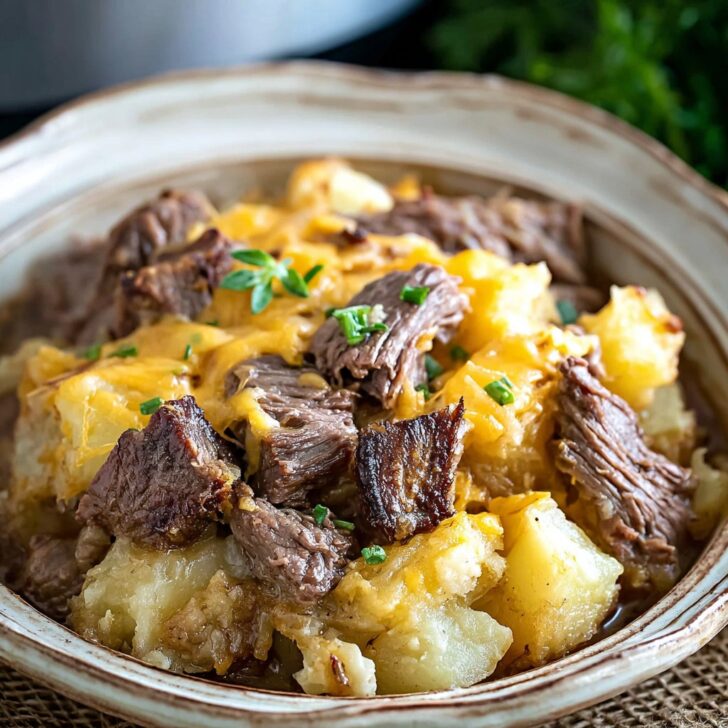 Slow Cooker Steak and Cheddar Potato Casserole