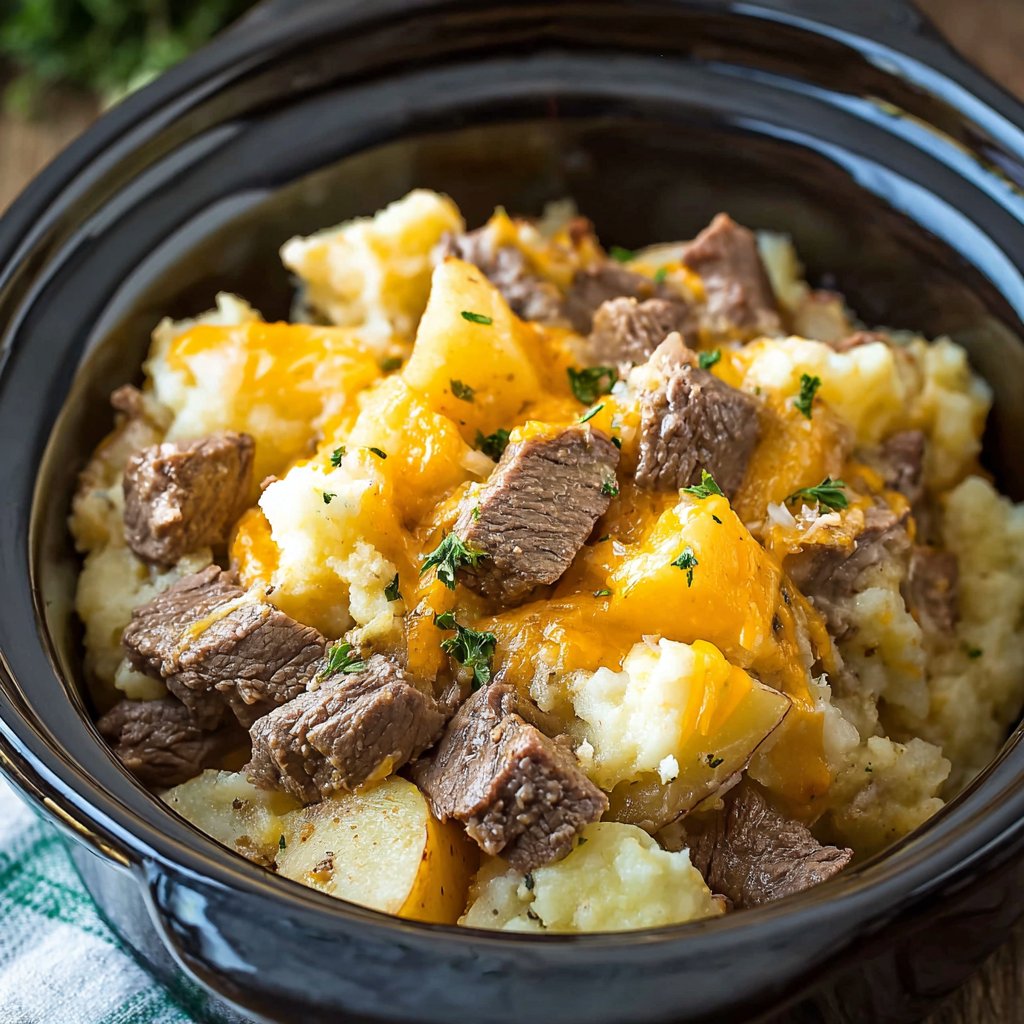 Slow Cooker Steak and Cheddar Potato Casserole Slow Cooker Steak and Cheddar Potato Casserole
