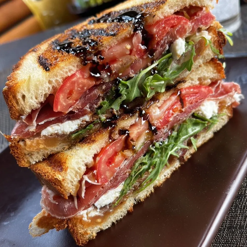 Smoked Dry Cured Prosciutto, Goat Cheese, Baby Arugula, Tomato and Balsamic Glaze Panini