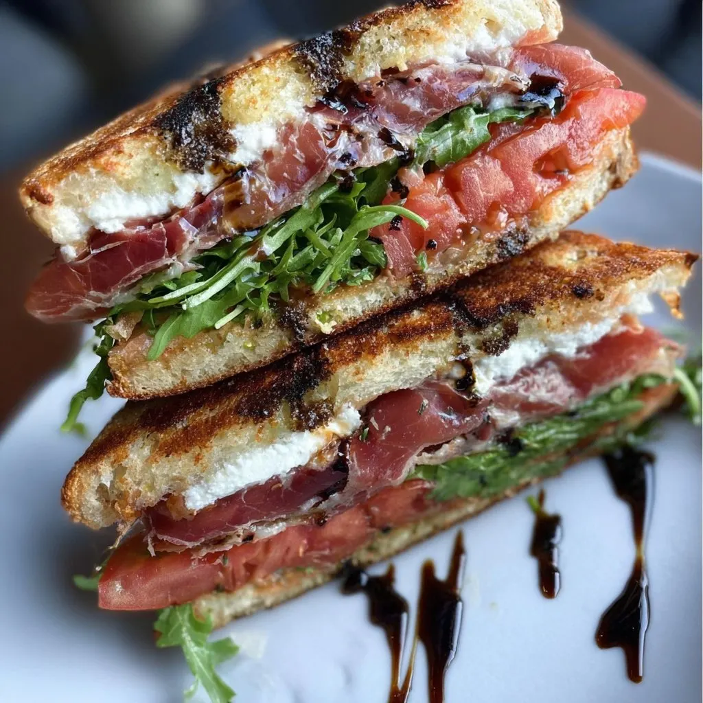 Smoked dry cured prosciutto, goat cheese, baby aragula, tomato and balsamic glaze panini Smoked dry cured prosciutto, goat cheese, baby aragula, tomato and balsamic glaze panini