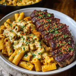 cheesy cajun garlic butter steak with creamy rigatoni