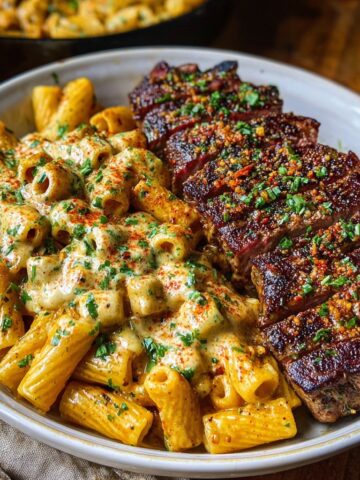 Cheesy Cajun Garlic Butter Steak with Creamy Rigatoni