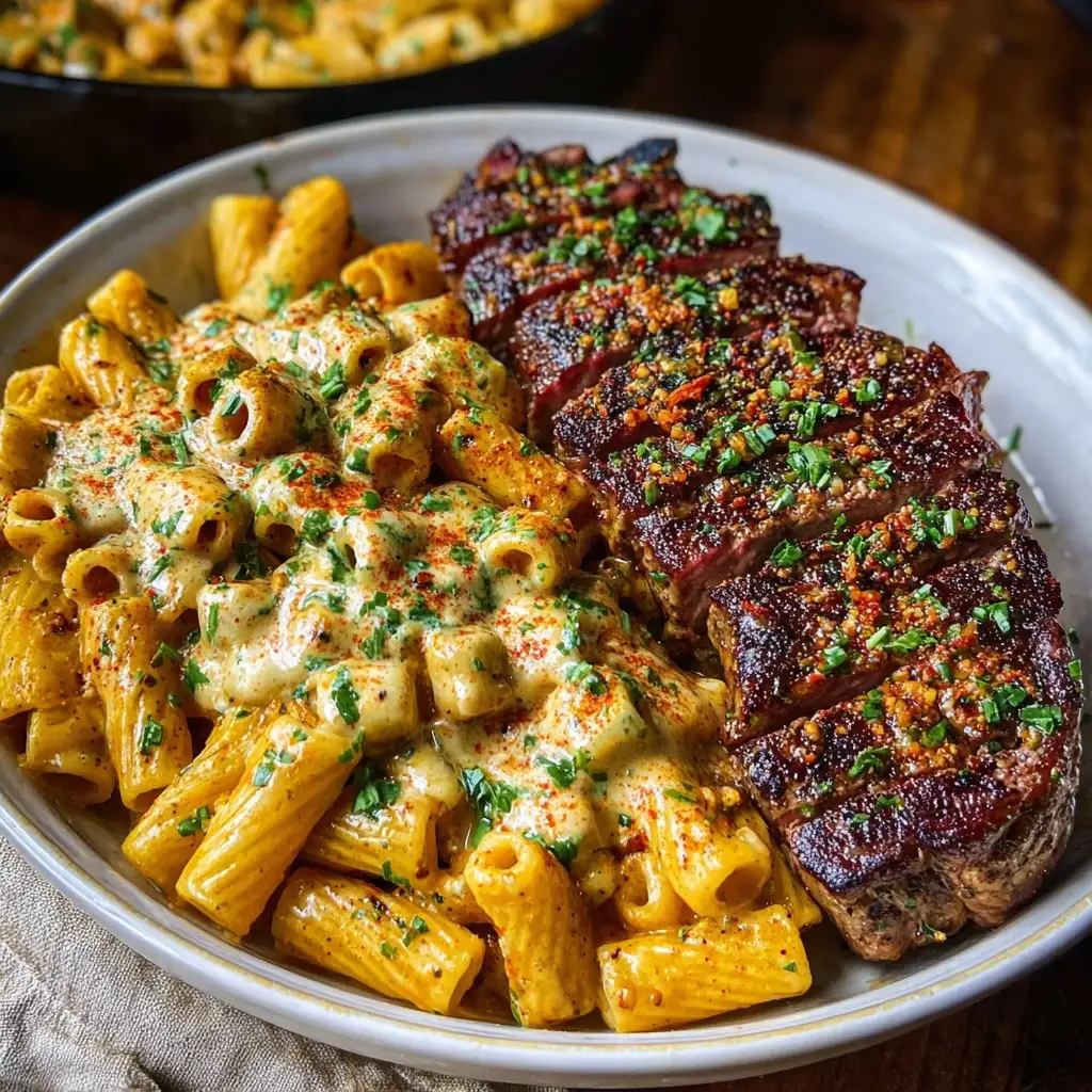 Cheesy Cajun Garlic Butter Steak with Creamy Rigatoni
