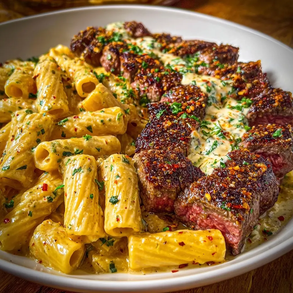 Cheesy Cajun Garlic Butter Steak with Creamy Rigatoni