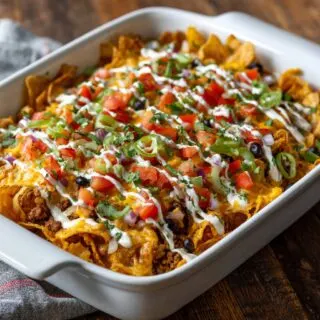 crunchy tex mex casserole with spicy ranch drizzle