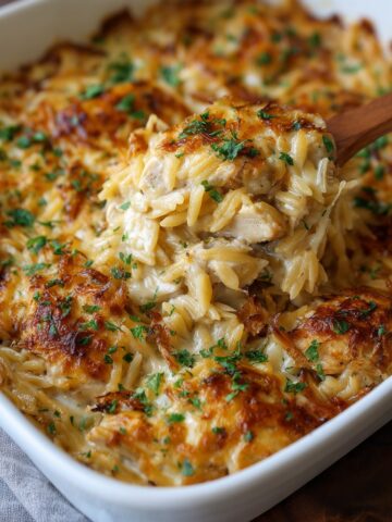French Onion Chicken Orzo Casserole