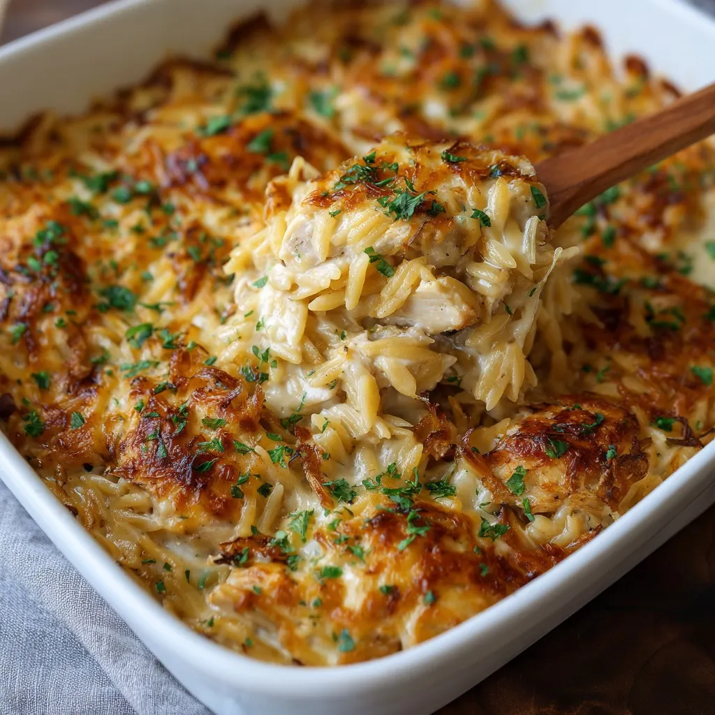 French Onion Chicken Orzo Casserole