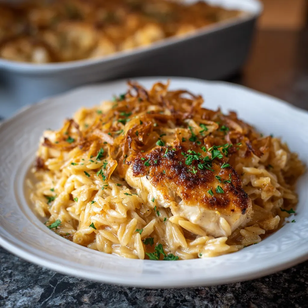 French Onion Chicken Orzo Casserole