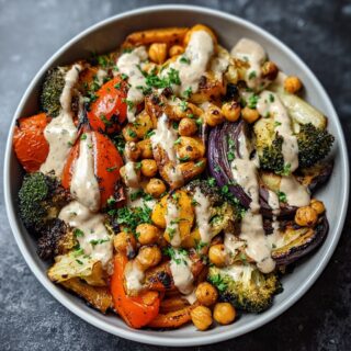 roasted vegetable chickpea bowl with tahini dressing