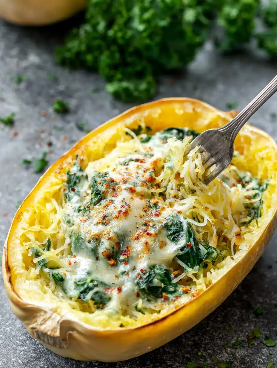 Cheesy Garlic Parmesan Spinach Spaghetti Squash
