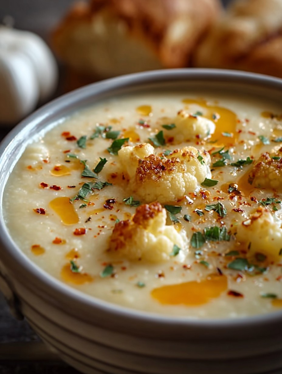 Creamy Cheddar Cauliflower & Roasted Garlic Soup Recipe