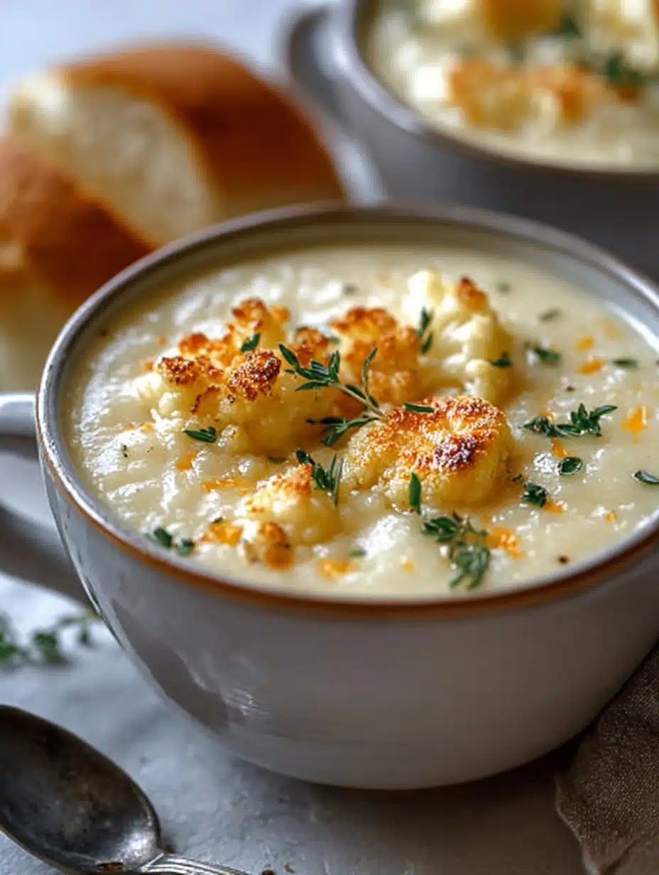 Creamy Cheddar Cauliflower & Roasted Garlic Soup Recipe