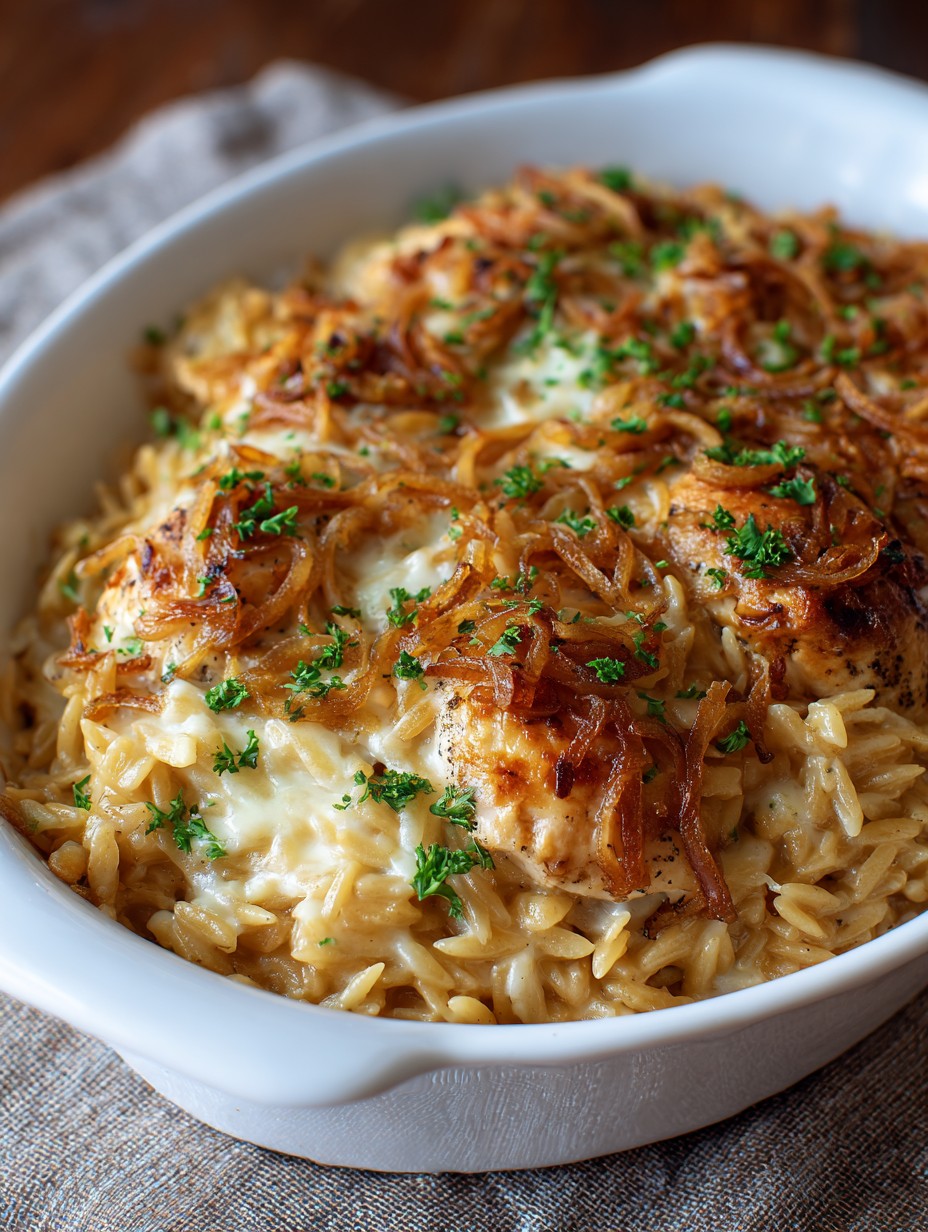 French Onion Chicken Orzo Casserole Recipe