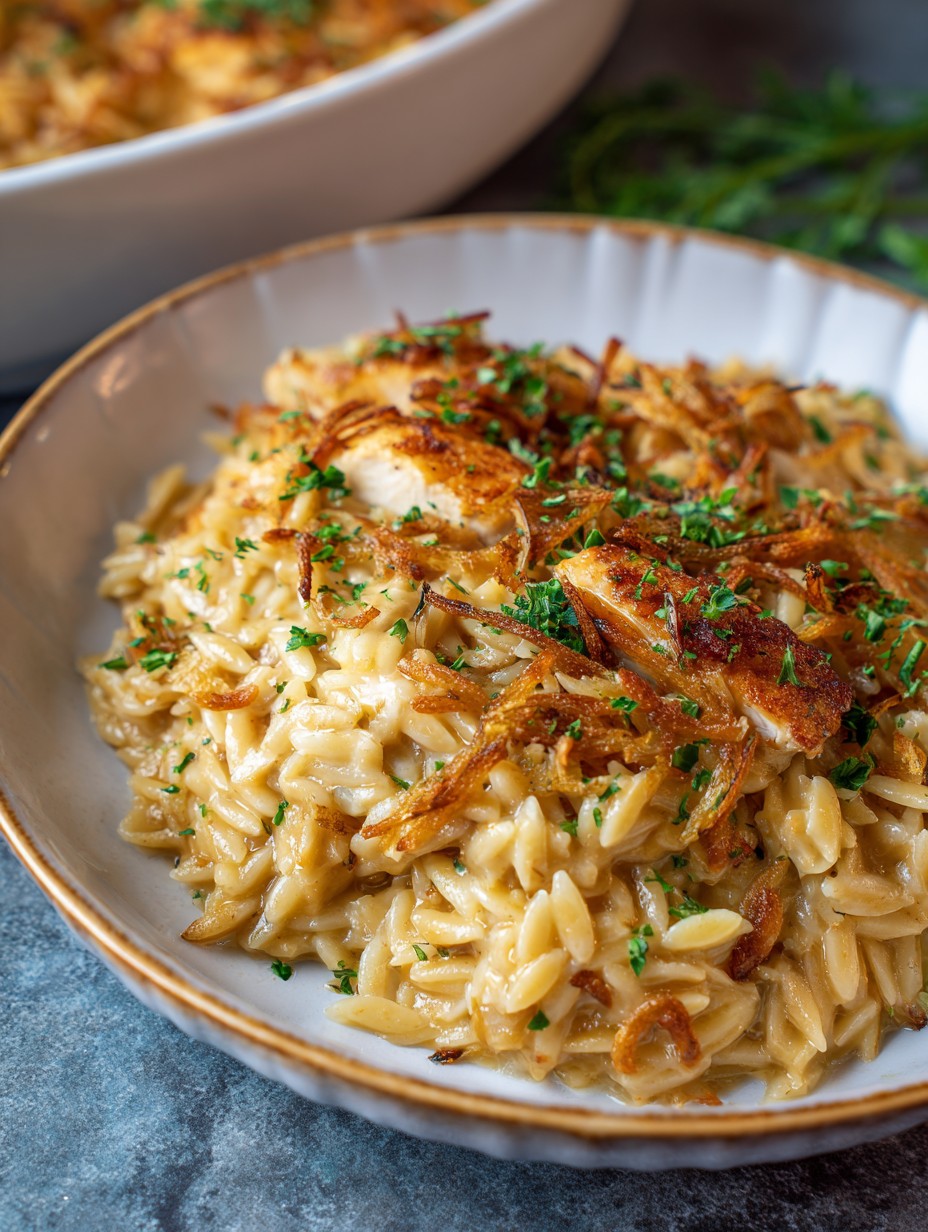 French Onion Chicken Orzo Casserole Recipe