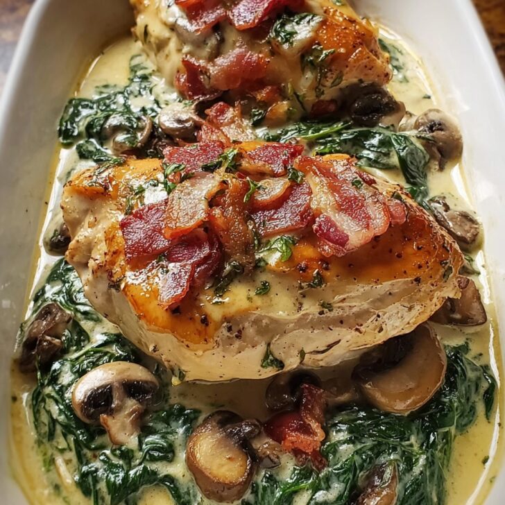 Smothered Chicken with Creamed Spinach, Bacon, and Mushrooms