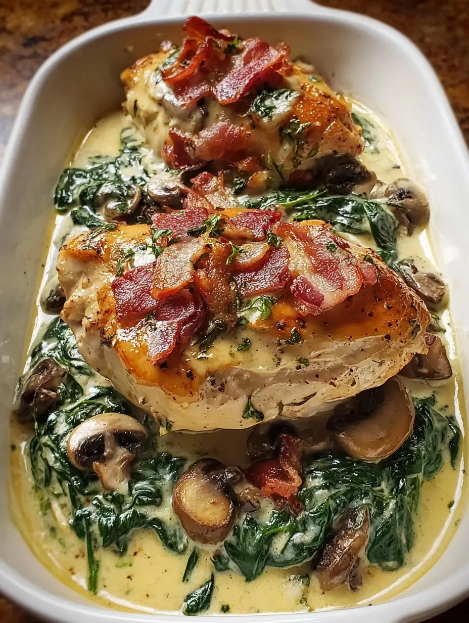 Smothered Chicken with Creamed Spinach, Bacon, and Mushrooms