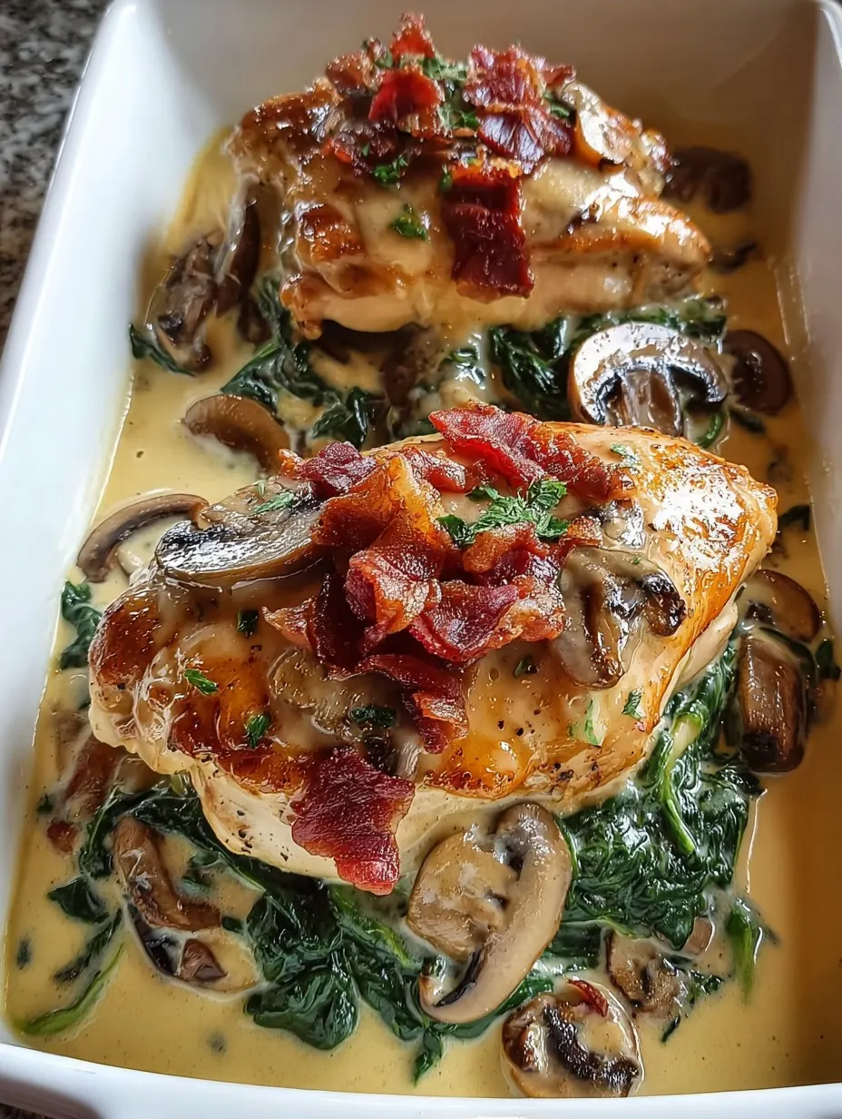 Smothered Chicken with Creamed Spinach, Bacon, and Mushrooms