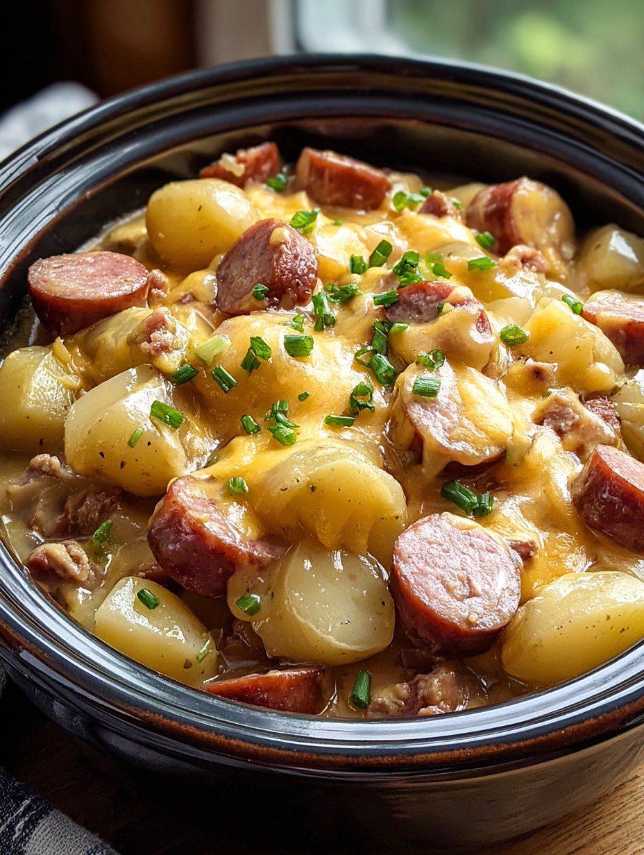 Crockpot Cheesy Potatoes and Kielbasa Recipe