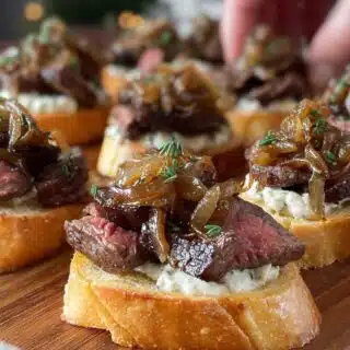 steak crostini with horseradish sauce caramelized onions holiday appetizer