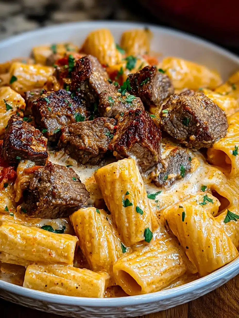 Cajun Steak Tips in Cheesy Rigatoni Parmesan Sauce
