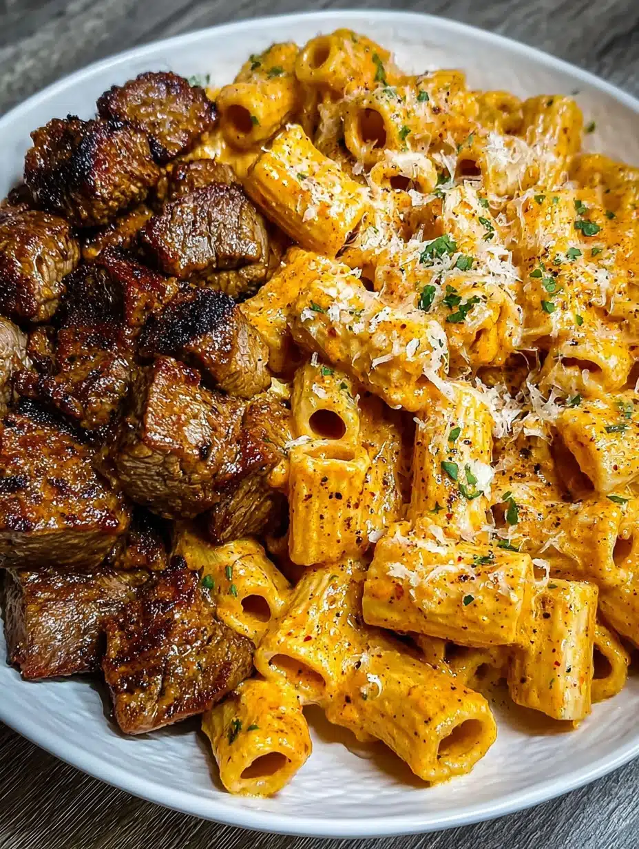 Cajun Steak Tips in Cheesy Rigatoni Parmesan Sauce