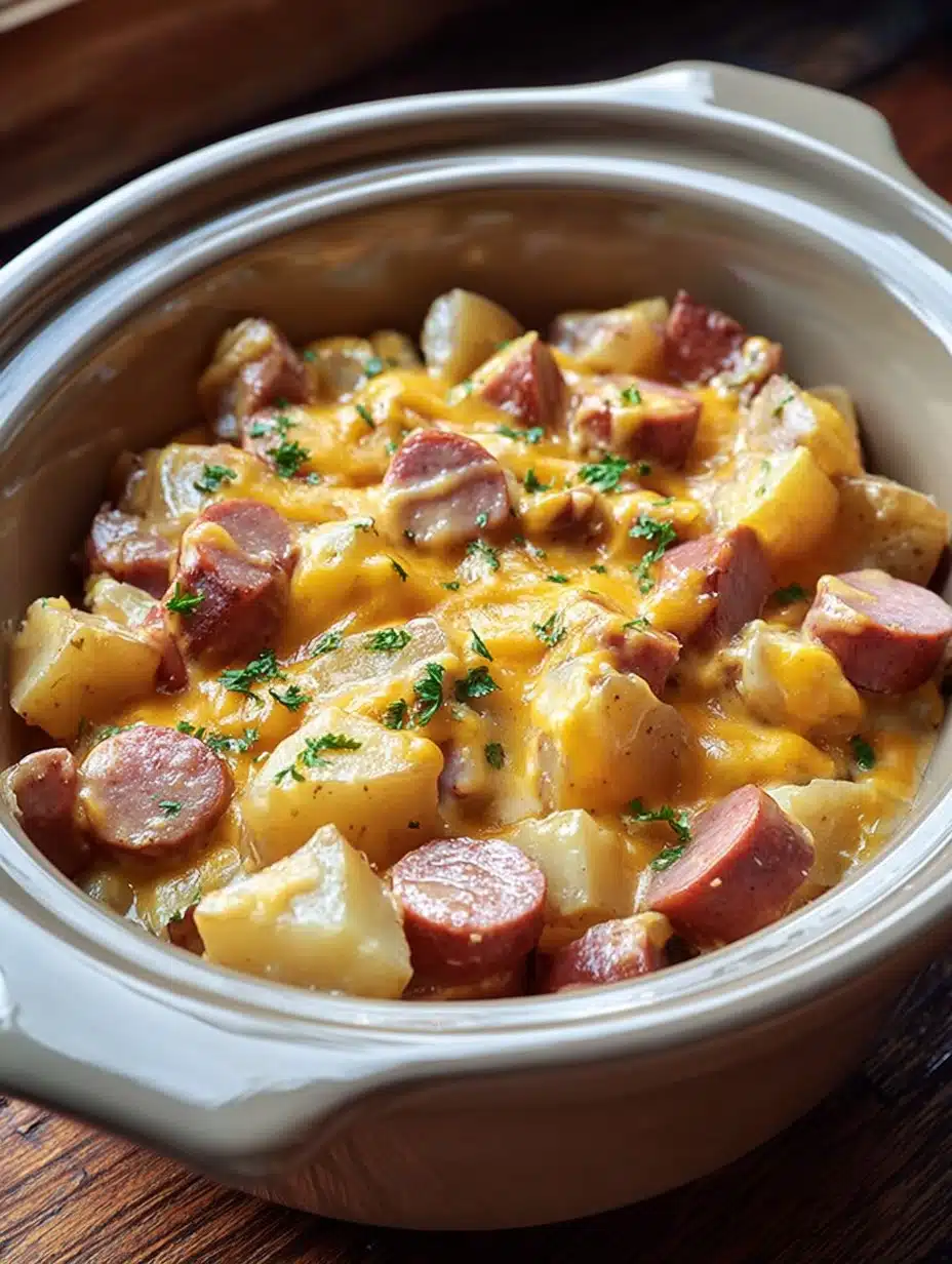 Easy Crockpot Cheesy Potatoes and Kielbasa Recipe
