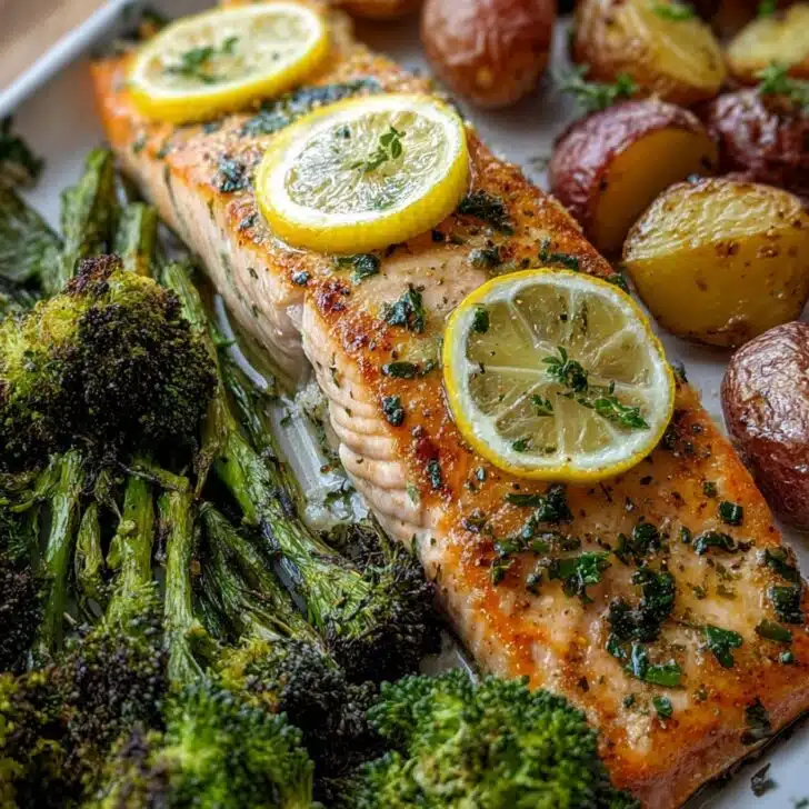 Lemon Butter Salmon with Crispy Potatoes and Roasted Broccoli Recipe