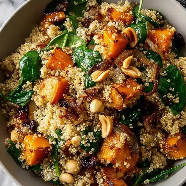 Quinoa Salad with Roasted Squash, Caramelized Onions & Spinach