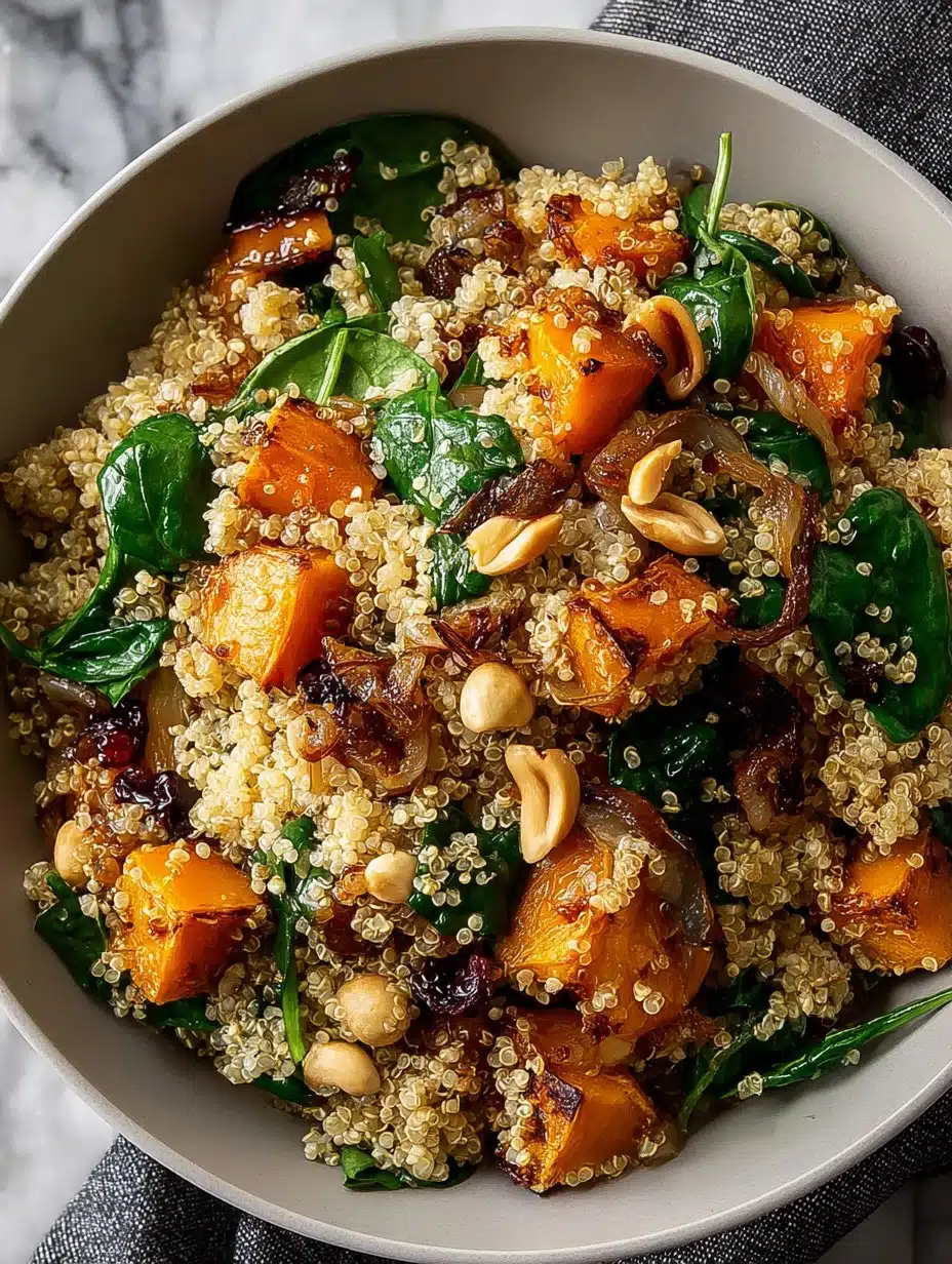 Quinoa Salad with Roasted Squash, Caramelized Onions and Wilted Spinach