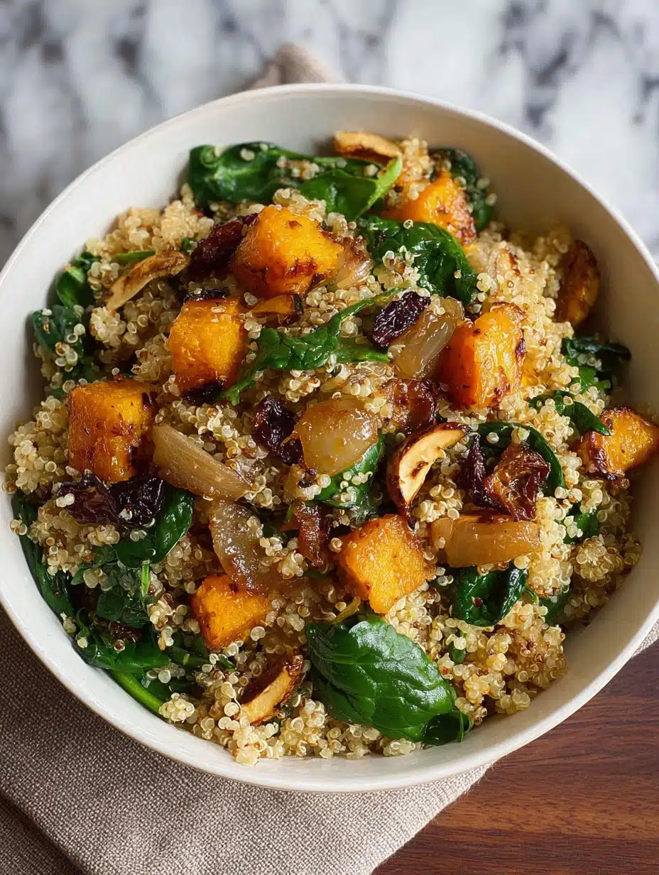 Quinoa Salad with Roasted Squash, Caramelized Onions and Wilted Spinach