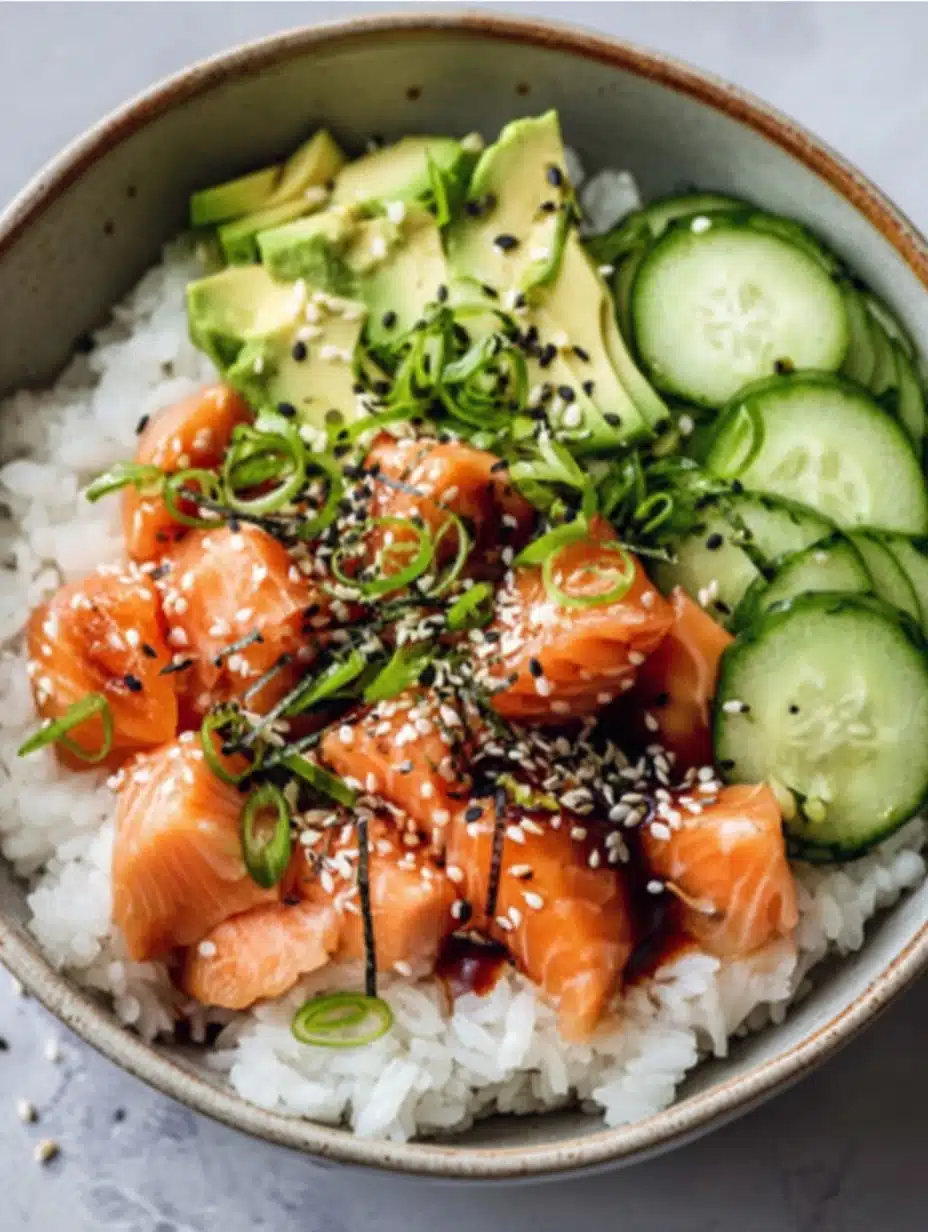 Rice bowls with salmon and cucumber