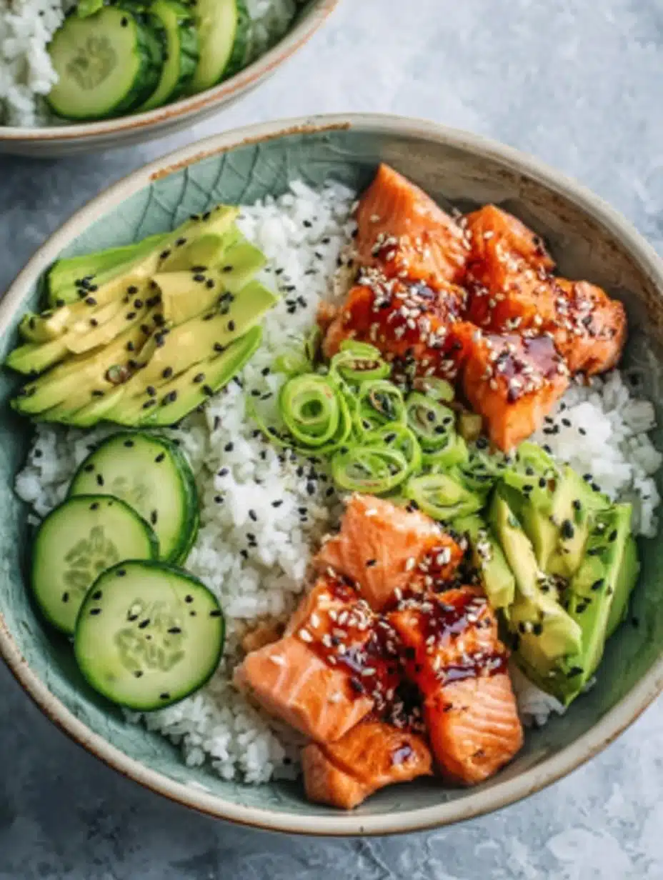 Rice bowls with salmon and cucumber