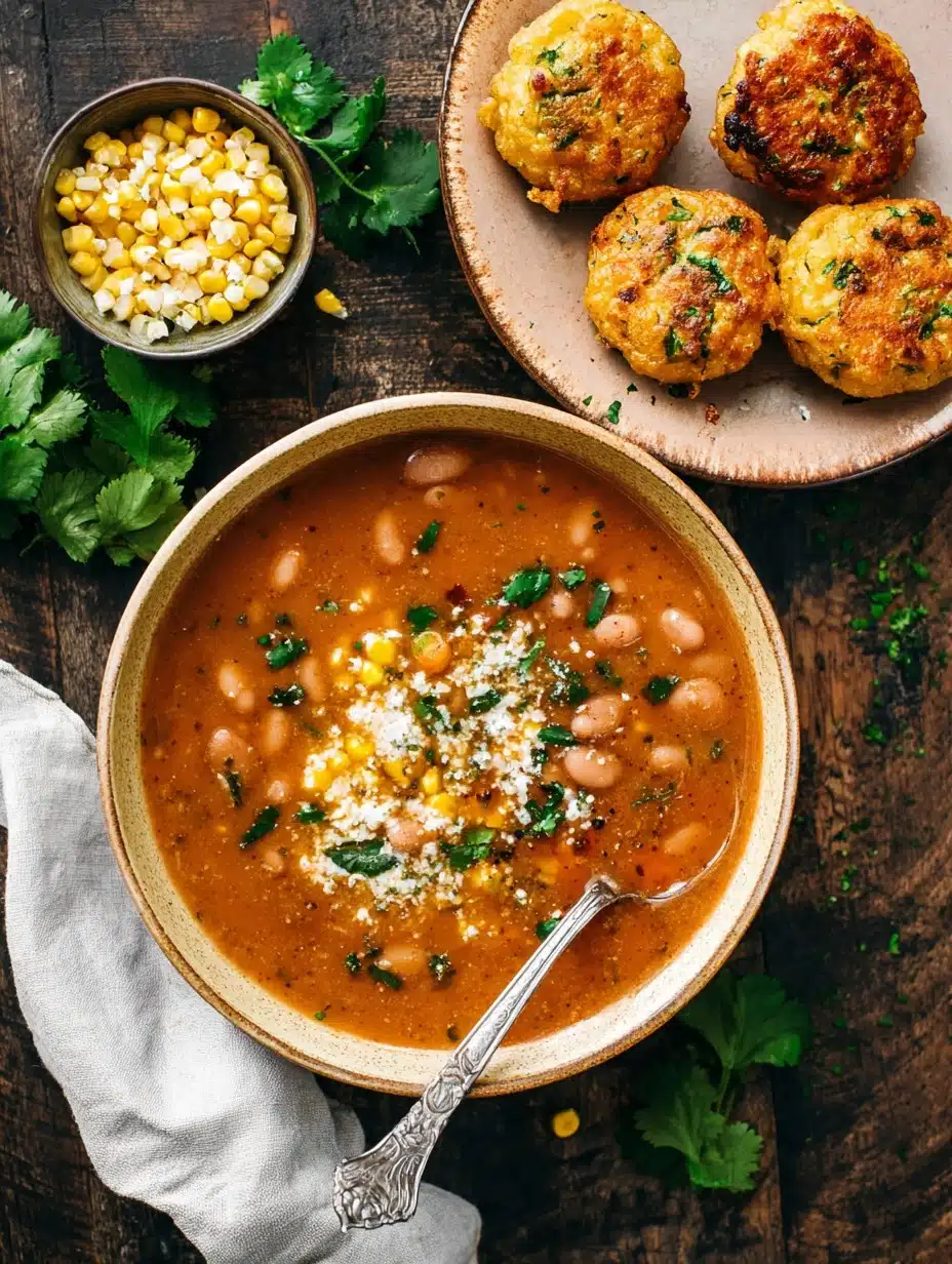 Sopa Tarasca (Pinto Bean Soup) with Jalapeño Corn Fritters