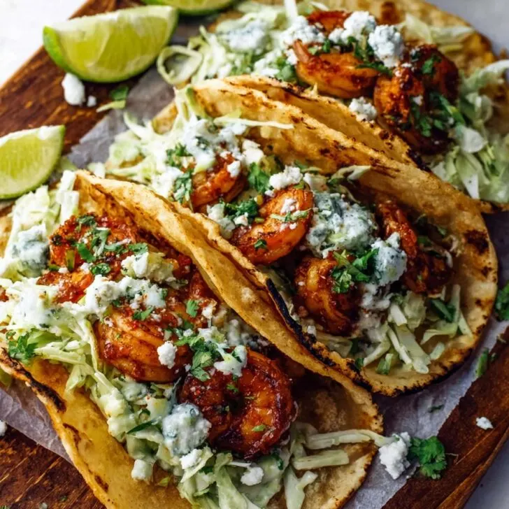 Spicy Shrimp Tacos with Garlic Cilantro Lime Slaw Recipe